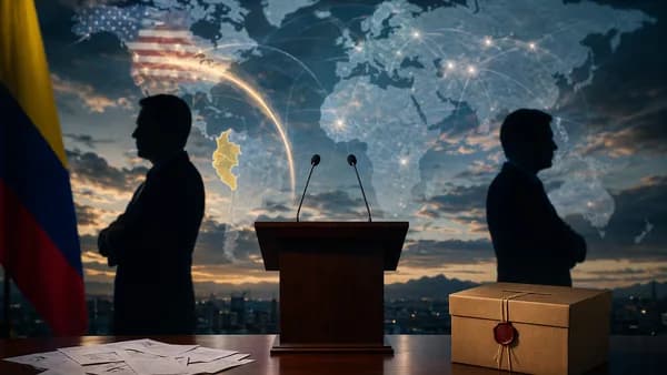 Colombian election concession scene with podium, ballots, world map and US-Colombia connection