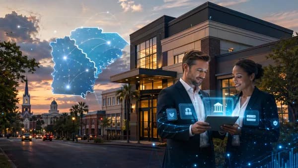 Community bank expansion into South Carolina shown with digital finance network and modern banking scene.