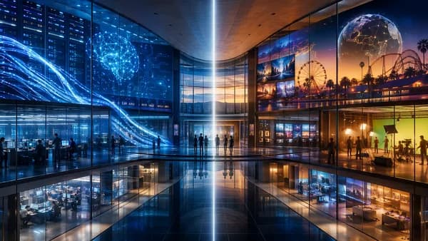 Futuristic corporate hub split between broadband networks and media entertainment assets.