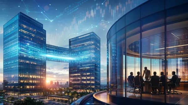 Glass bank towers linked by digital bridge, symbolizing a fintech investment bank acquisition