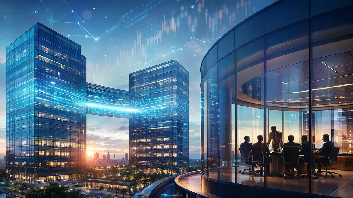 Glass bank towers linked by digital bridge, symbolizing a fintech investment bank acquisition