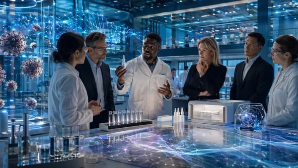 Futuristic biotech lab with nasal spray, vaccine vials, clean air tech, and AI data streams.