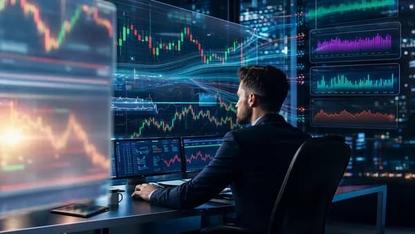 Trader comparing forex market data panels with abstract hidden cost layers and cinematic trading floor backdrop.