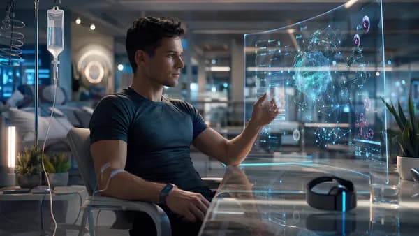 Fit founder using AI health tools in a futuristic workspace during cancer treatment