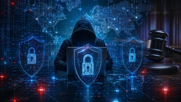 Shadowed hacker, digital locks, and courtroom gavel symbolize Conti ransomware guilty plea.