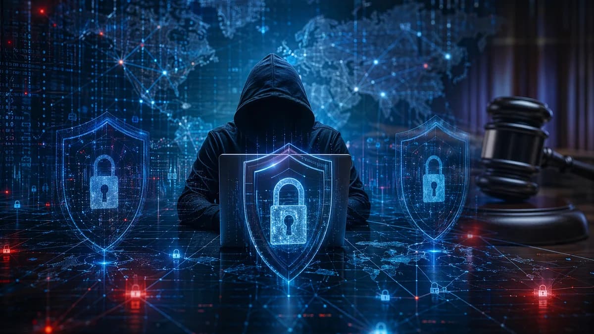 Shadowed hacker, digital locks, and courtroom gavel symbolize Conti ransomware guilty plea.