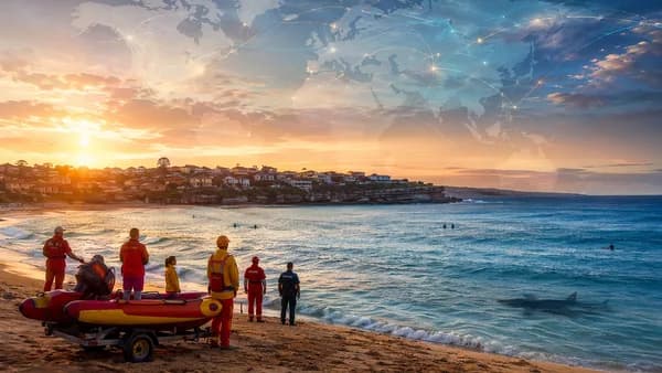 Non-graphic editorial image of Sydney beach rescue scene with shark silhouette and global map overlay.