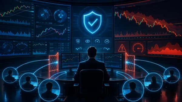 Copy trading risk controls shown as shields and market dashboards on a modern crypto trading floor