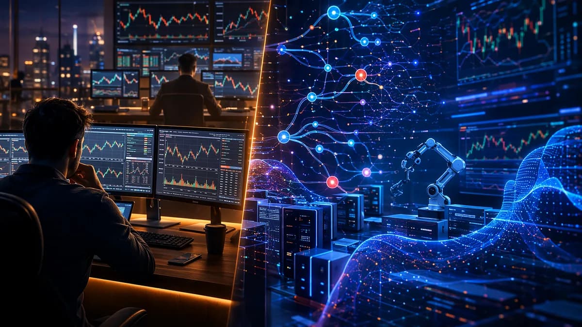 Human copy trading contrasted with algorithmic trading systems amid market risk visuals.
