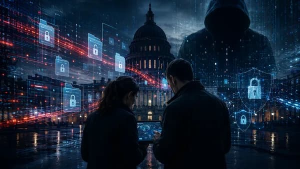 Cybersecurity investigators examine encrypted files near a European institution under a dark digital threat.