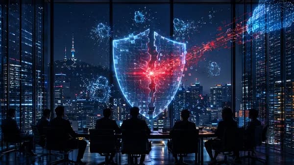 Korean corporate cybersecurity breach visual with cracked shield, code streams, and boardroom crisis atmosphere.