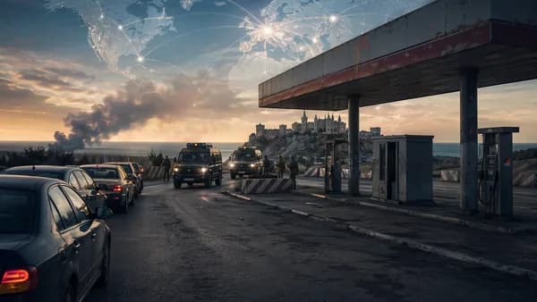 Closed Crimea fuel station with smoke, checkpoints, and global map lines showing geopolitical tension
