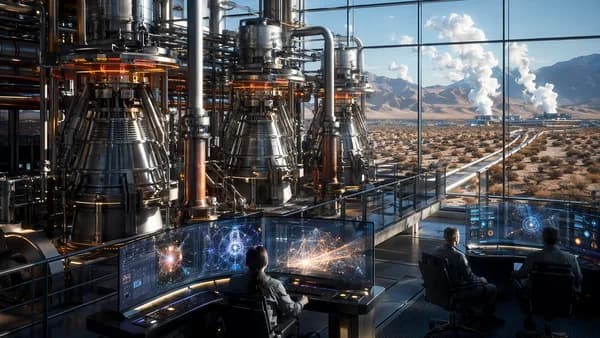 Futuristic geothermal plant with rocket-inspired turbines, engineers, AI screens, and steam in a tech hub.