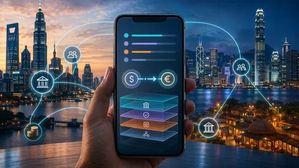 Transparent cross-border payment app with global money flows and visible fee layers