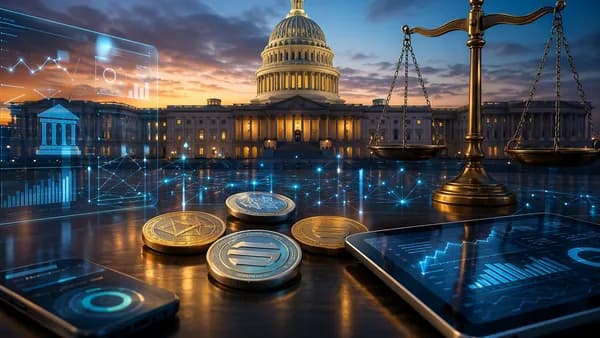 U.S. Capitol with digital crypto tokens and regulatory scale, symbolizing a crypto bill debate.