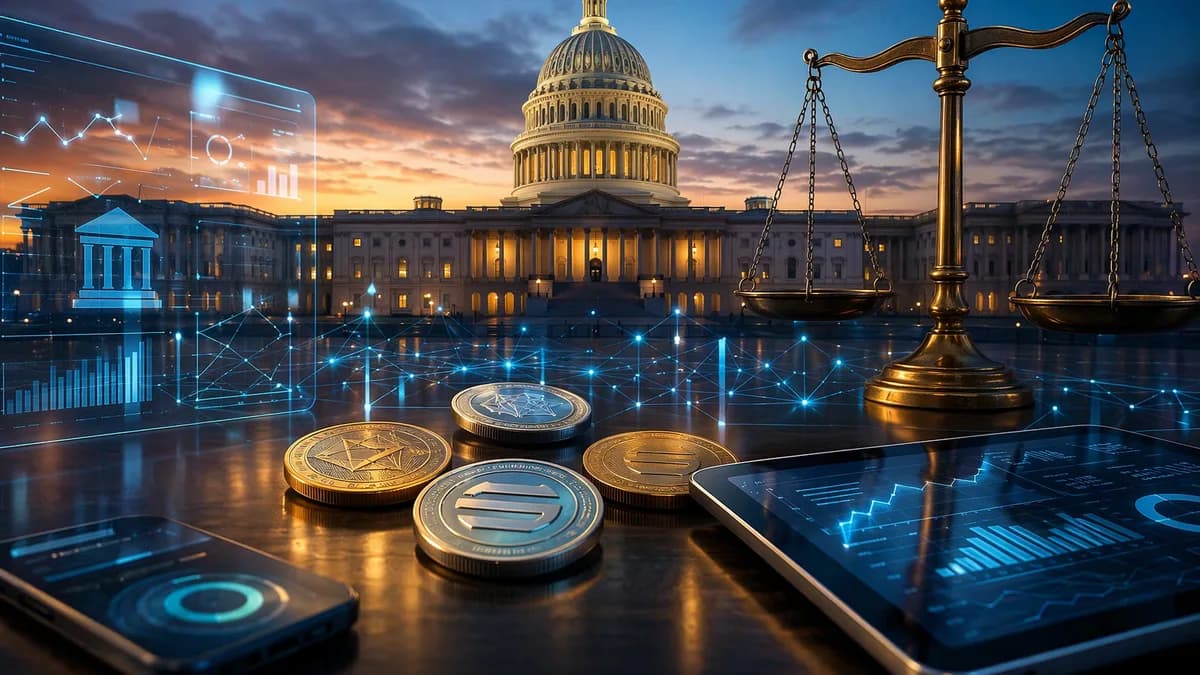 U.S. Capitol with digital crypto tokens and regulatory scale, symbolizing a crypto bill debate.