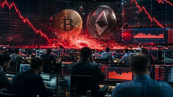 Crypto trading floor with bearish charts and volatile Bitcoin and Ether market visuals