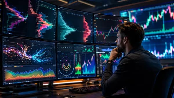 Trader studies crypto order books and fee risk dashboards in a modern trading floor setting.
