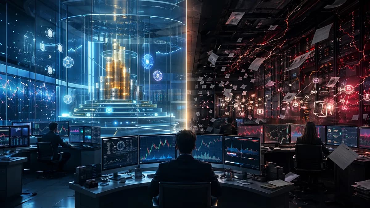 Split crypto exchange scene showing transparent reserves versus hidden audit and liability risks.