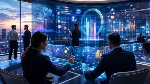 Institutional trading floor with abstract crypto index visuals and portfolio allocation screens.