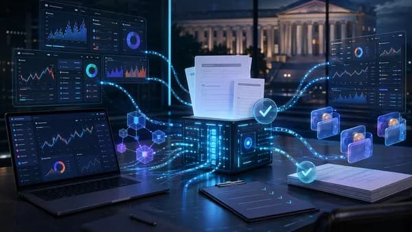 Crypto tax reconciliation software connecting exchanges, wallets, and blank tax forms under regulatory scrutiny.