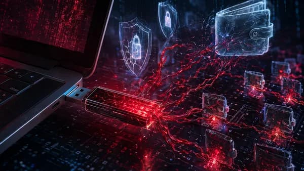 USB malware hijacks a crypto wallet amid dark cybersecurity visuals, locks, shields, and glowing code.