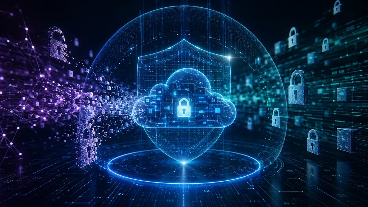 Encrypted AI app architecture hidden behind glowing shields and locks in a dark cybersecurity scene