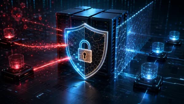 Cyberattack on protected enterprise payments servers with shields, locks, code matrix, and honeypot decoys.