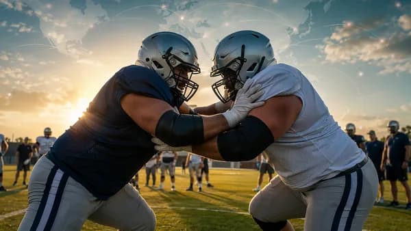 Two football linemen compete in a training camp drill with a subtle global map overlay.