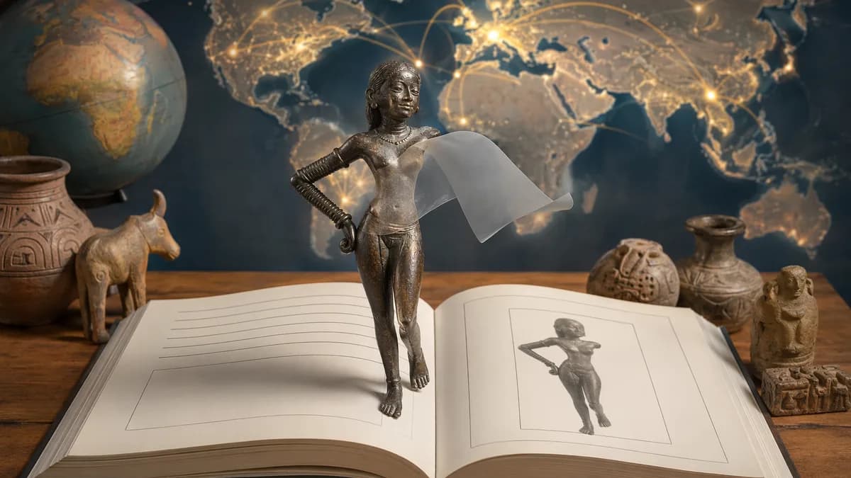 Ancient bronze figurine in an open textbook with censorship shade removed against a glowing world map.