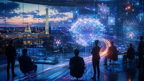 Futuristic AI command room with glowing neural networks and abstract cyber data streams suggesting rising risk.