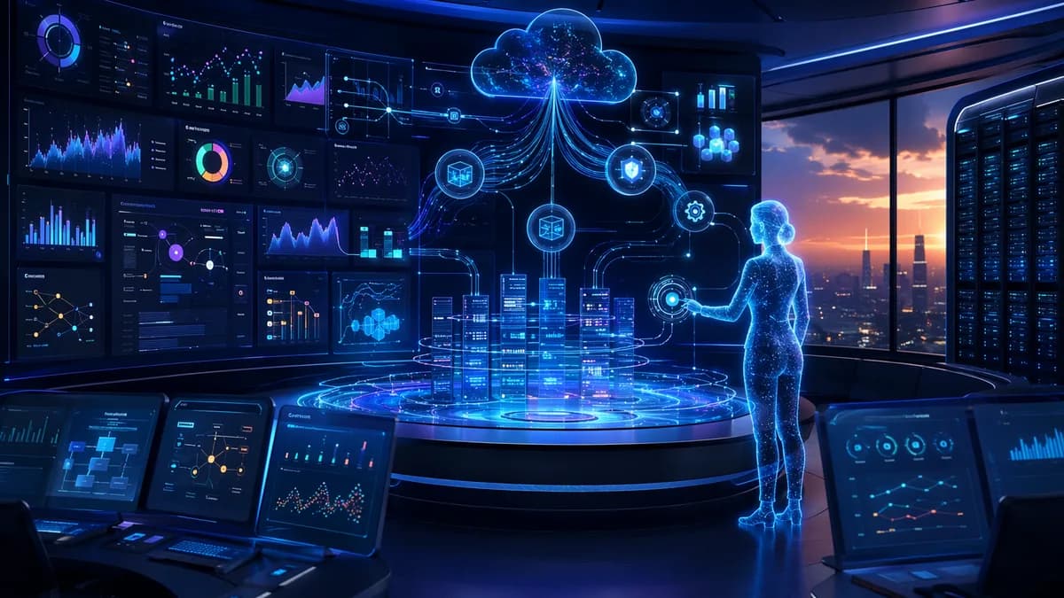 AI coworker orchestrating secure enterprise data across a modern SaaS dashboard and cloud infrastructure.
