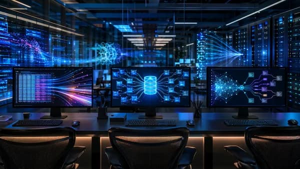 Futuristic developer workspace comparing SQL tools with data flows, servers, and AI network visuals