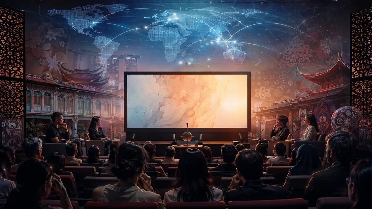 Singapore cinema audience amid cultural identity debate with global map and connection visuals.