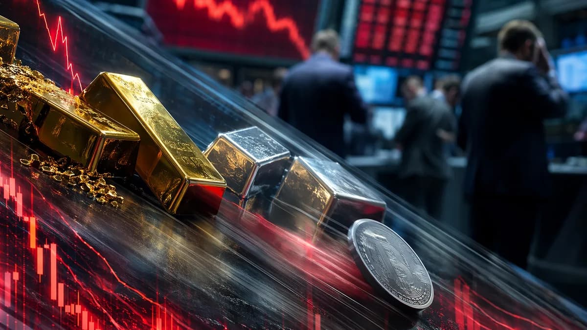 Gold, silver and crypto assets slide amid market selloff and rate-risk pressure.