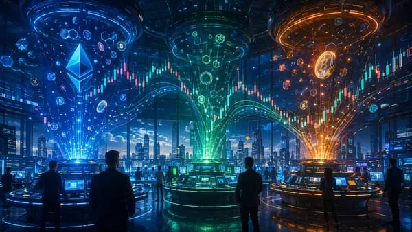 Futuristic crypto trading floor showing competing perp DEX liquidity and market data streams