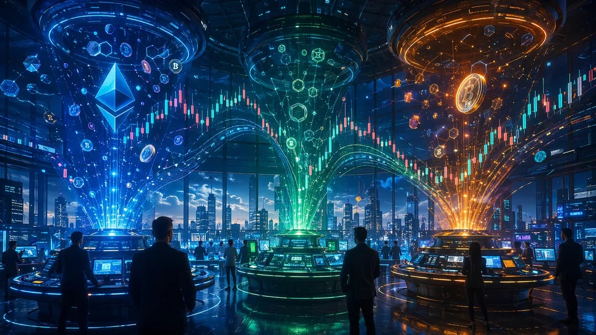 Futuristic crypto trading floor showing competing perp DEX liquidity and market data streams