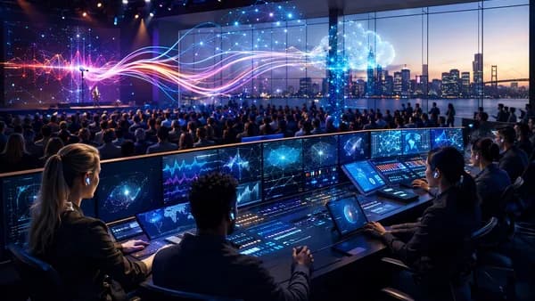 AI live-event audio translation concept in a futuristic venue with earbuds, waveforms, and San Francisco skyline.