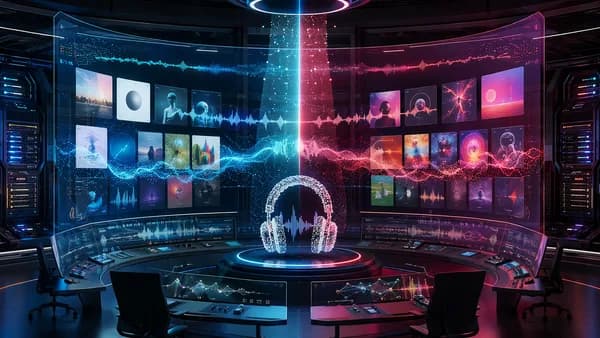 AI system scanning music playlists and waveforms in a futuristic streaming control room.