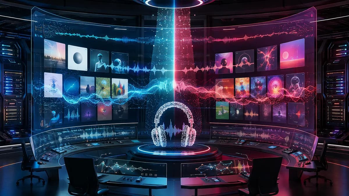 AI system scanning music playlists and waveforms in a futuristic streaming control room.