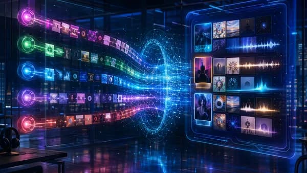 AI music scanner analyzes streaming playlists in a futuristic tech workspace