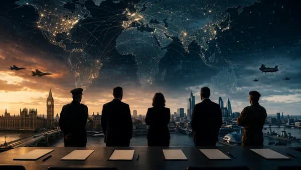 UK defence funding dilemma shown through officials, Westminster, blank papers and global map connections.