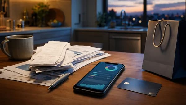 Household bills, budgeting app, and delayed shopping purchase on a modern kitchen table.