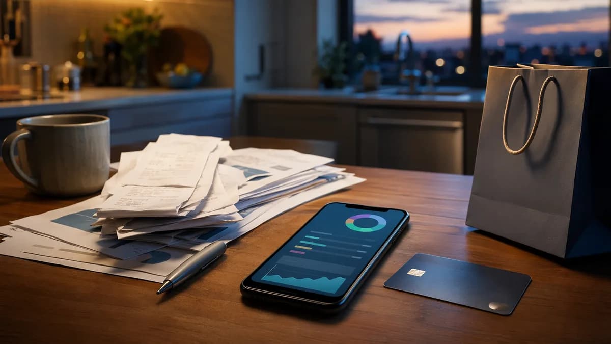 Household bills, budgeting app, and delayed shopping purchase on a modern kitchen table.