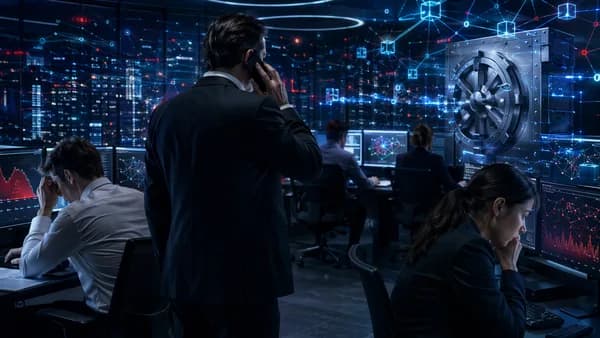 Night trading desk crisis scene with DeFi network visuals and an executive answering an emergency call