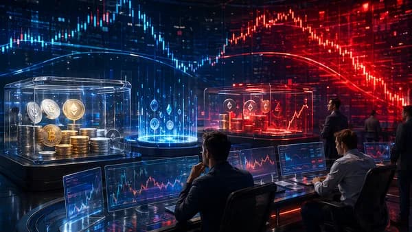 DeFi lending risk visual with collateral vaults, liquidity pools, and market data on a trading floor