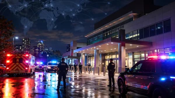 Police and emergency vehicles outside a hospital at night with subtle global map overlay