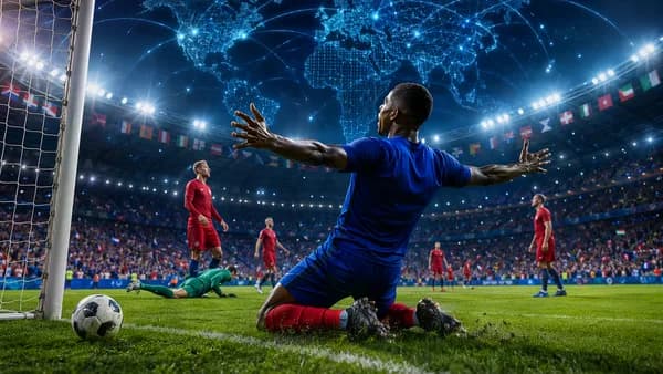 French footballer celebrates in stadium with global map lights after decisive win over Norway.