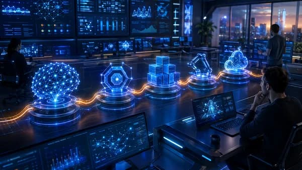 Futuristic AI deployment pipeline with model, API, containers, testing, and cloud infrastructure