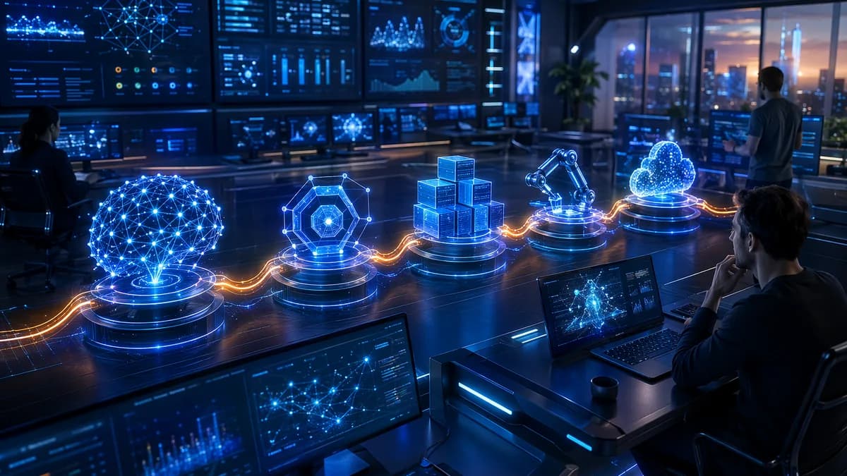 Futuristic AI deployment pipeline with model, API, containers, testing, and cloud infrastructure